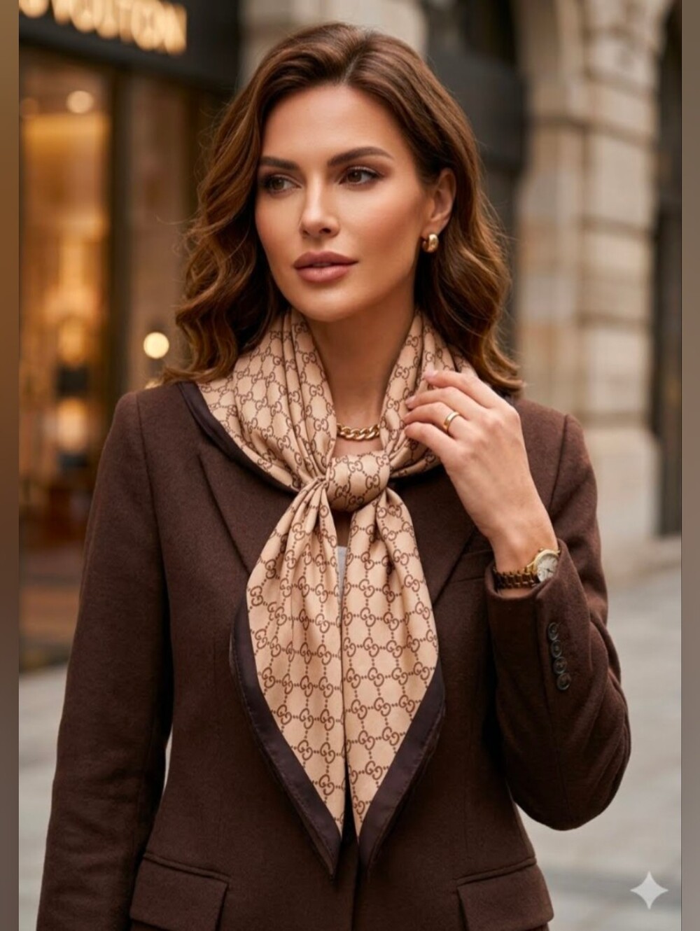 Andantino 35" Square Beige Brown Monogram Logo Print Silky Polyester Scarf